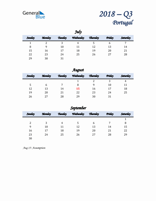 July, August, and September Calendar for Portugal with Sunday Start