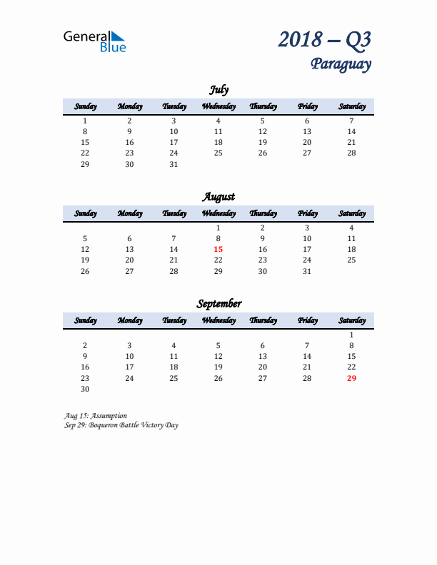 July, August, and September Calendar for Paraguay with Sunday Start