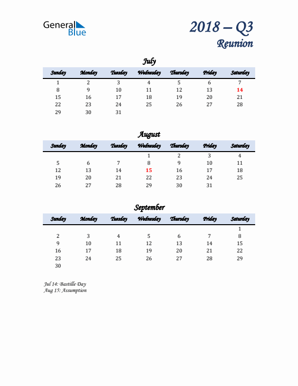 July, August, and September Calendar for Reunion with Sunday Start