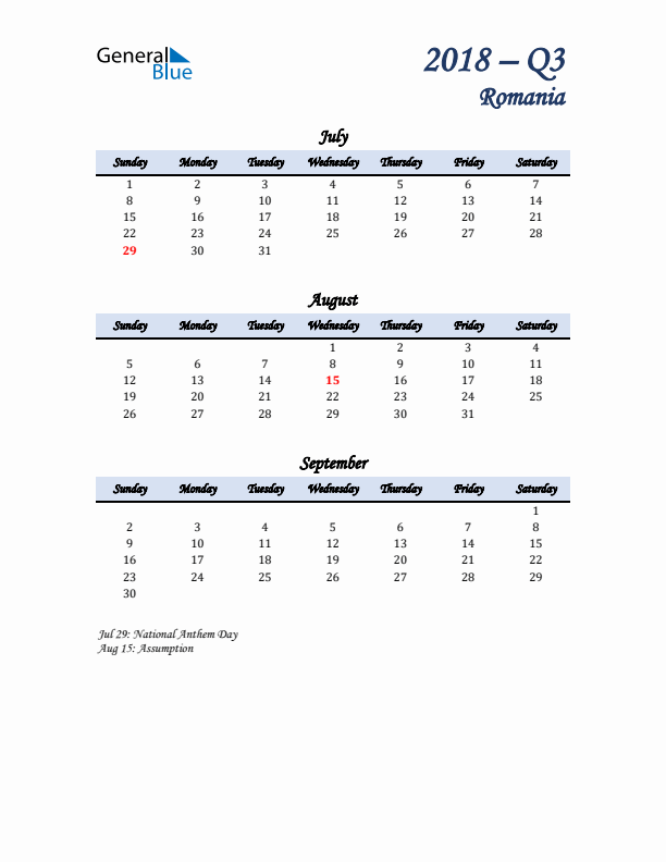 July, August, and September Calendar for Romania with Sunday Start