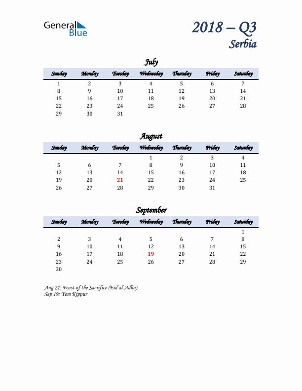 July, August, and September Calendar for Serbia with Sunday Start