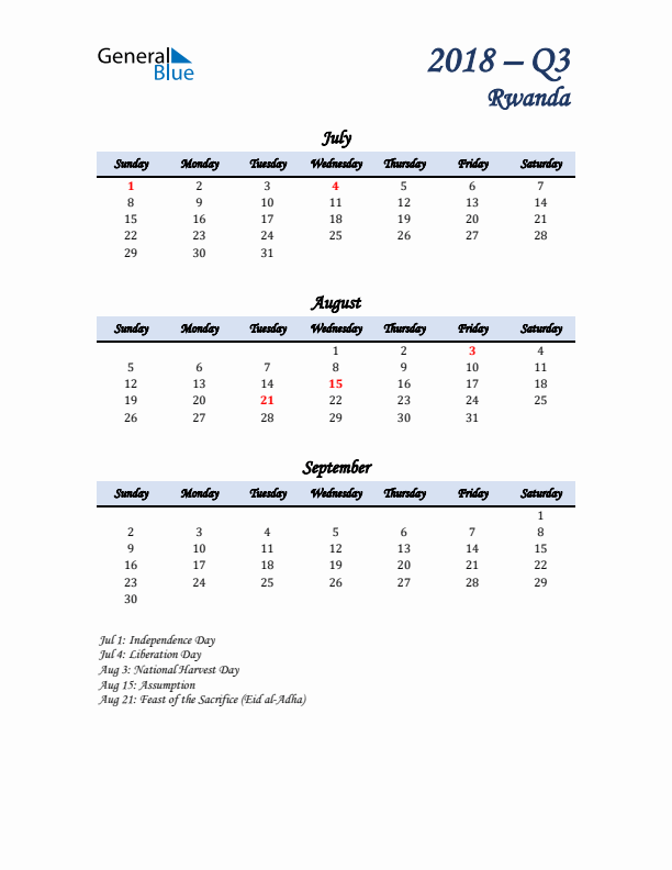 July, August, and September Calendar for Rwanda with Sunday Start