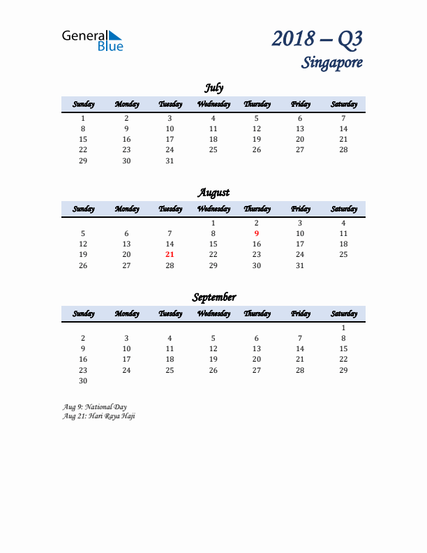 July, August, and September Calendar for Singapore with Sunday Start