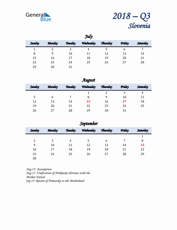 July, August, and September Calendar for Slovenia with Sunday Start