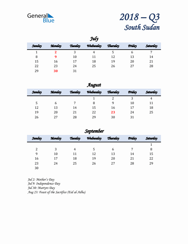 July, August, and September Calendar for South Sudan with Sunday Start