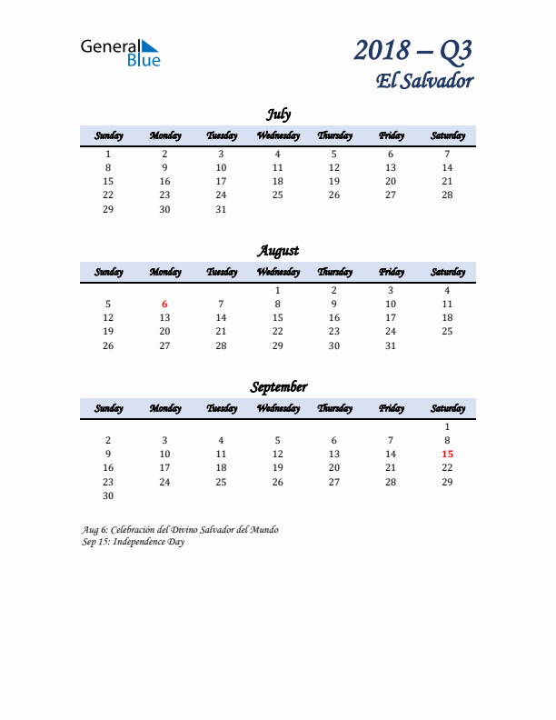 July, August, and September Calendar for El Salvador with Sunday Start