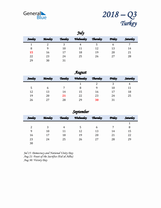 July, August, and September Calendar for Turkey with Sunday Start