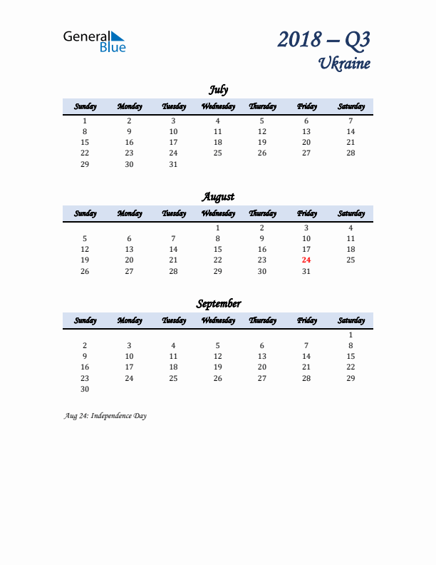 July, August, and September Calendar for Ukraine with Sunday Start