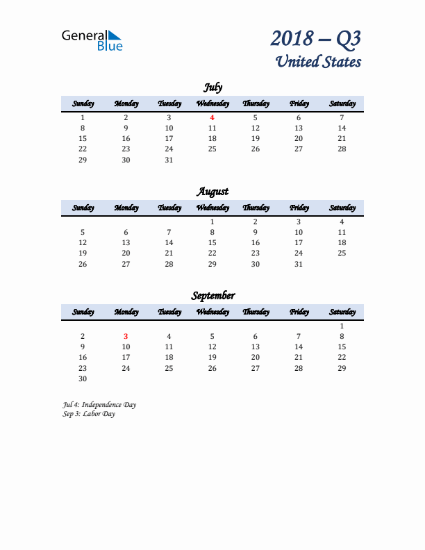 July, August, and September Calendar for United States with Sunday Start