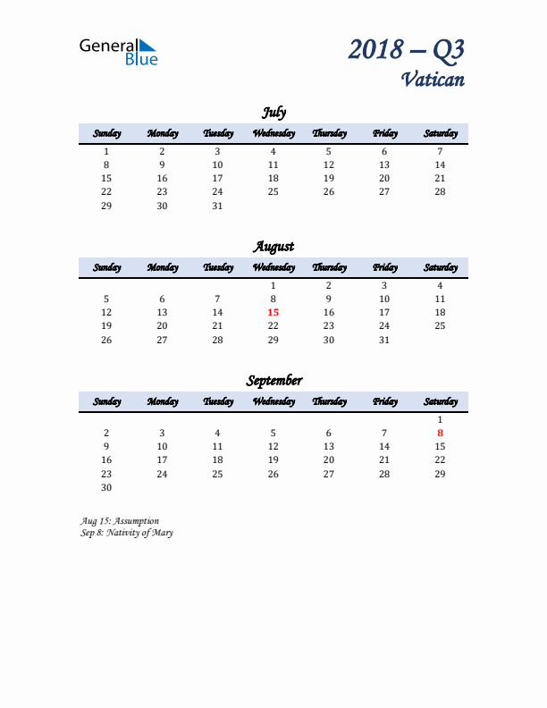 July, August, and September Calendar for Vatican with Sunday Start