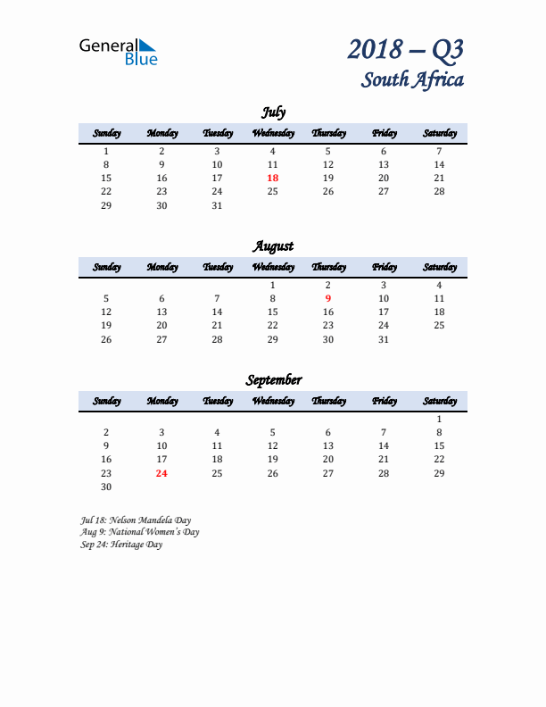 July, August, and September Calendar for South Africa with Sunday Start