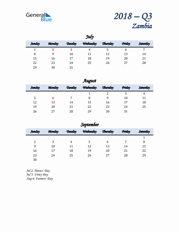 July, August, and September Calendar for Zambia with Sunday Start