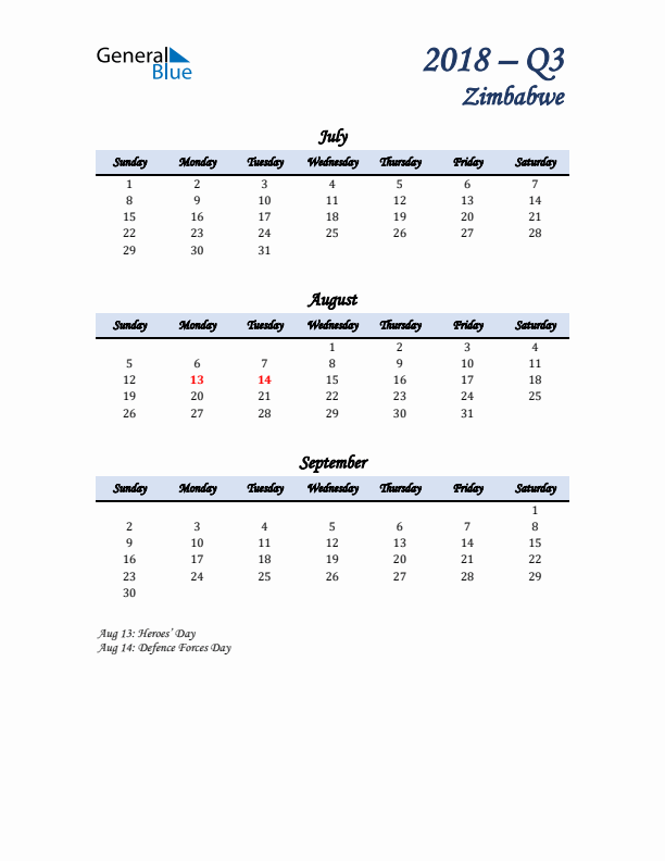 July, August, and September Calendar for Zimbabwe with Sunday Start