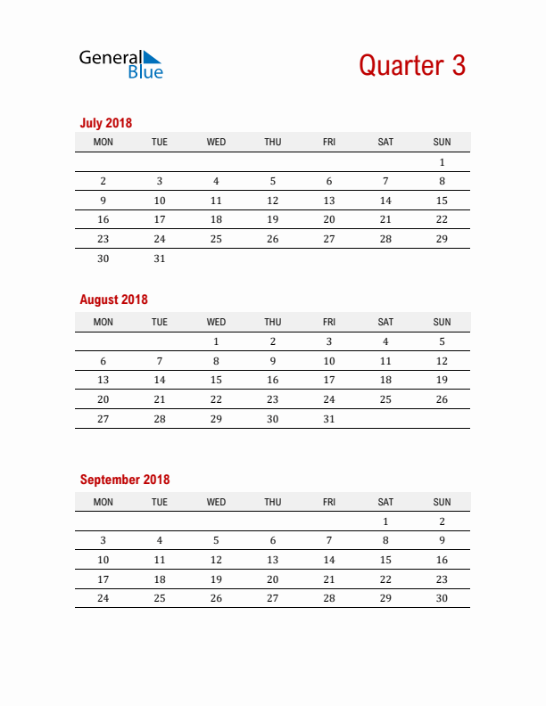 Three-Month Printable Calendar 2018