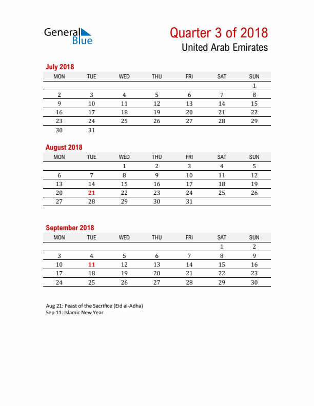 Printable Three Month Calendar with United Arab Emirates Holidays