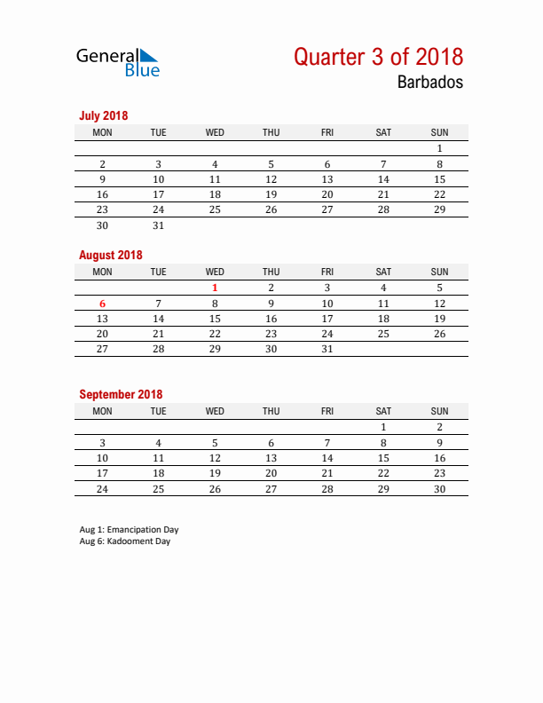 Printable Three Month Calendar with Barbados Holidays