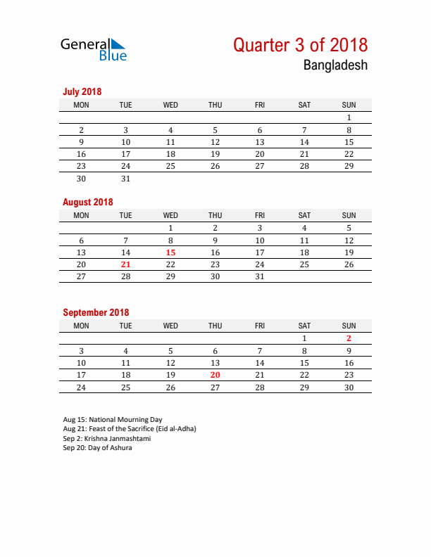 Printable Three Month Calendar with Bangladesh Holidays