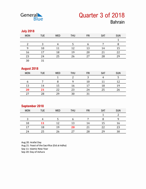 Printable Three Month Calendar with Bahrain Holidays