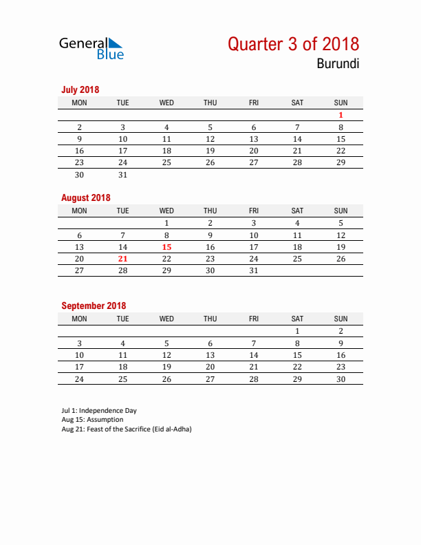 Printable Three Month Calendar with Burundi Holidays