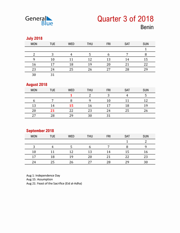 Printable Three Month Calendar with Benin Holidays