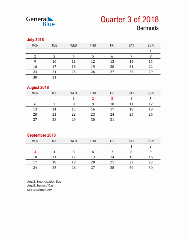 Printable Three Month Calendar with Bermuda Holidays