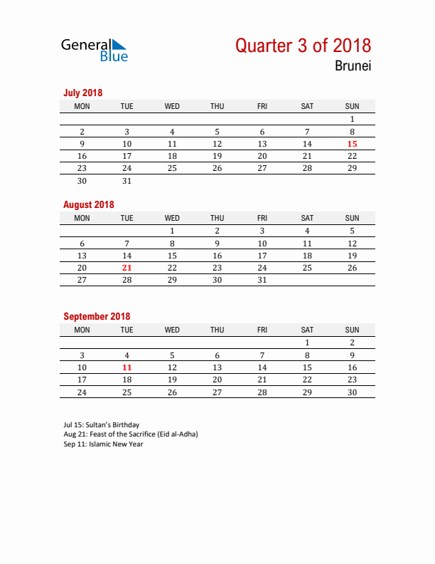 Printable Three Month Calendar with Brunei Holidays