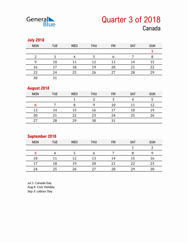 Printable Three Month Calendar with Canada Holidays