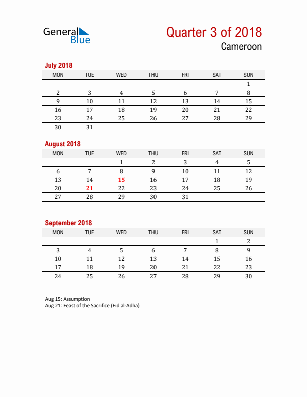 Printable Three Month Calendar with Cameroon Holidays