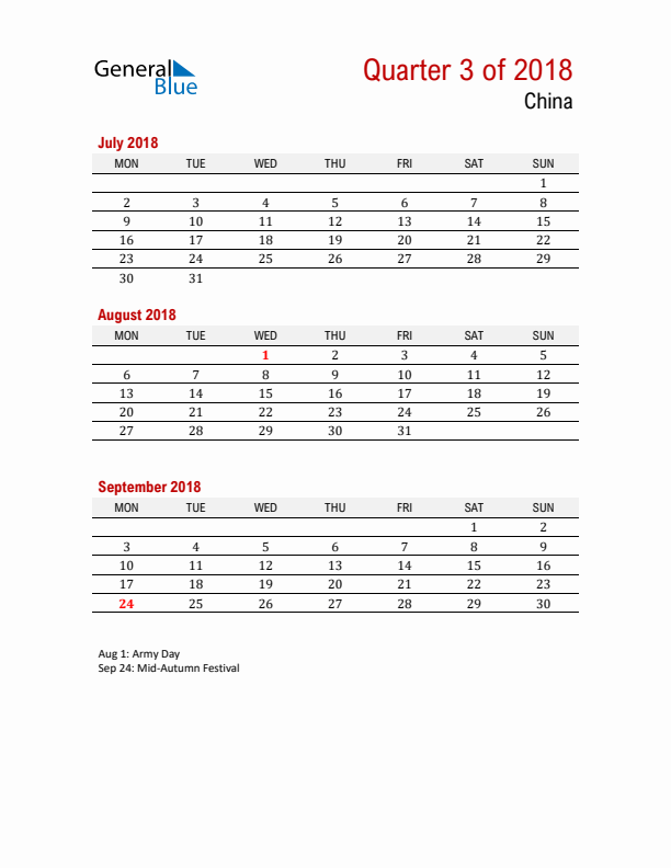 Printable Three Month Calendar with China Holidays