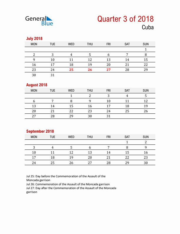 Printable Three Month Calendar with Cuba Holidays