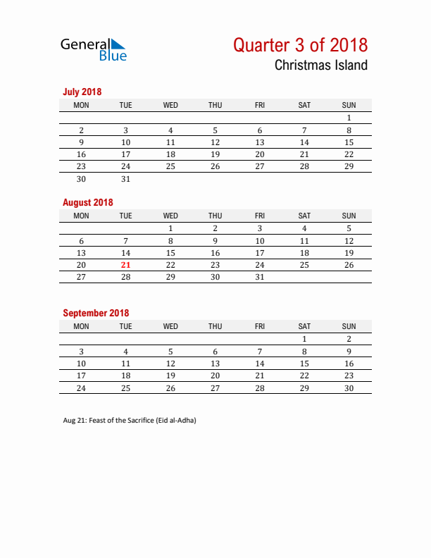 Printable Three Month Calendar with Christmas Island Holidays