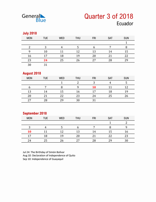 Printable Three Month Calendar with Ecuador Holidays