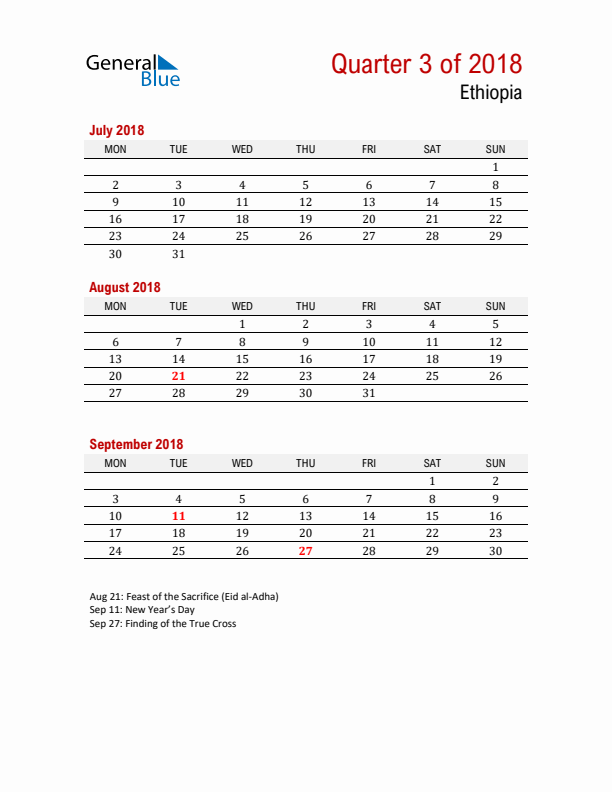 Printable Three Month Calendar with Ethiopia Holidays