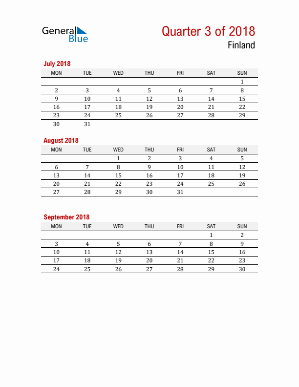 Printable Three Month Calendar with Finland Holidays