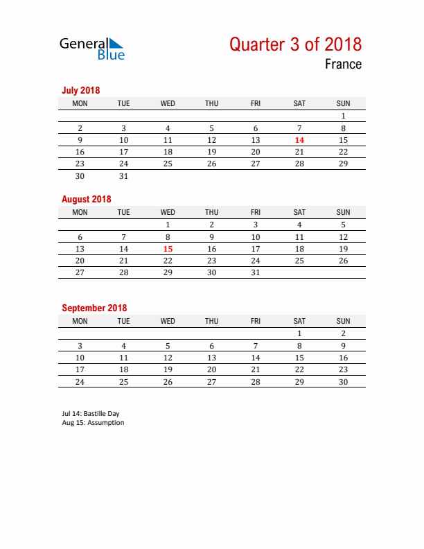 Printable Three Month Calendar with France Holidays