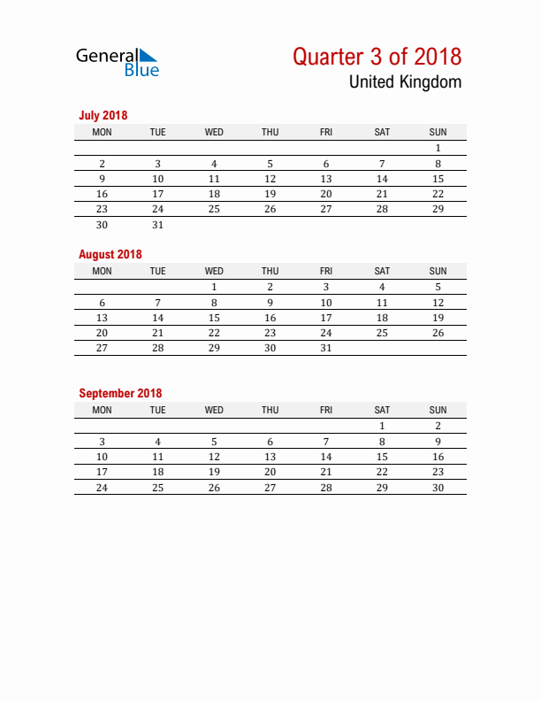 Printable Three Month Calendar with United Kingdom Holidays