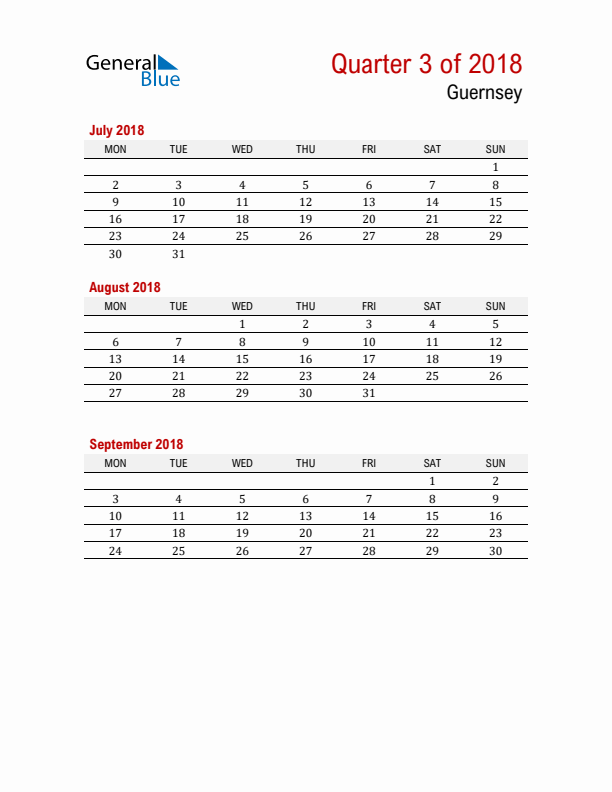 Printable Three Month Calendar with Guernsey Holidays