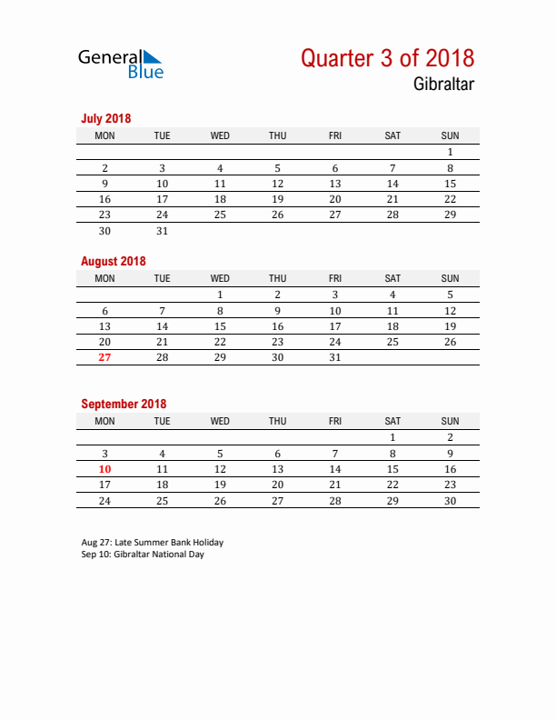 Printable Three Month Calendar with Gibraltar Holidays