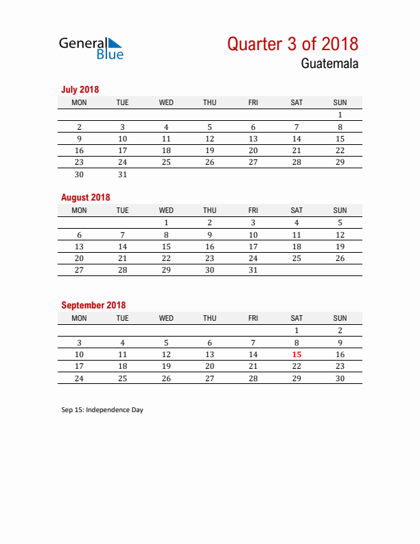 Printable Three Month Calendar with Guatemala Holidays