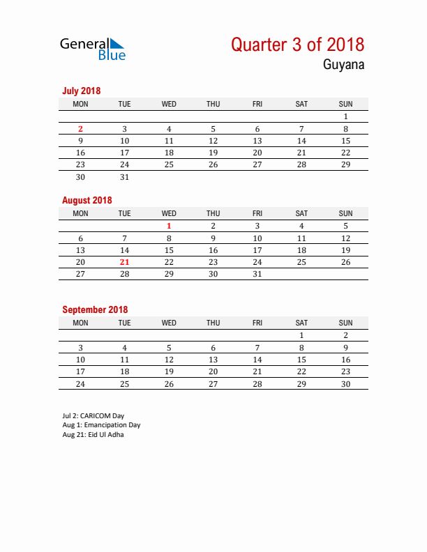 Printable Three Month Calendar with Guyana Holidays