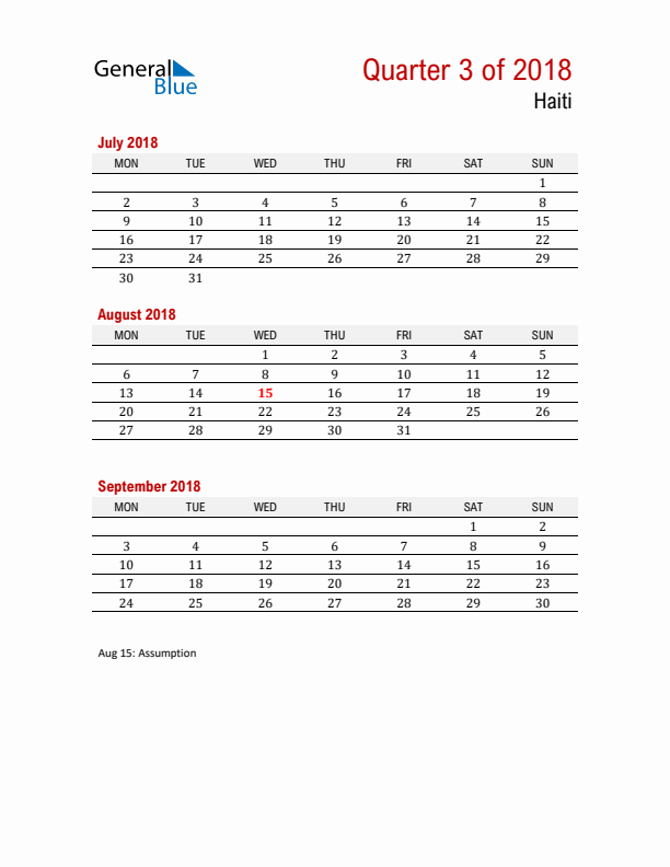 Printable Three Month Calendar with Haiti Holidays