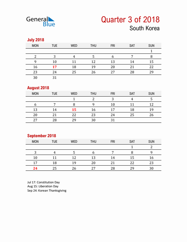 Printable Three Month Calendar with South Korea Holidays