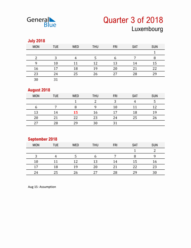 Printable Three Month Calendar with Luxembourg Holidays