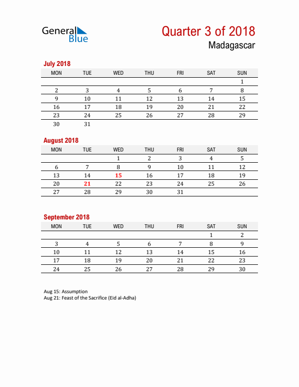 Printable Three Month Calendar with Madagascar Holidays