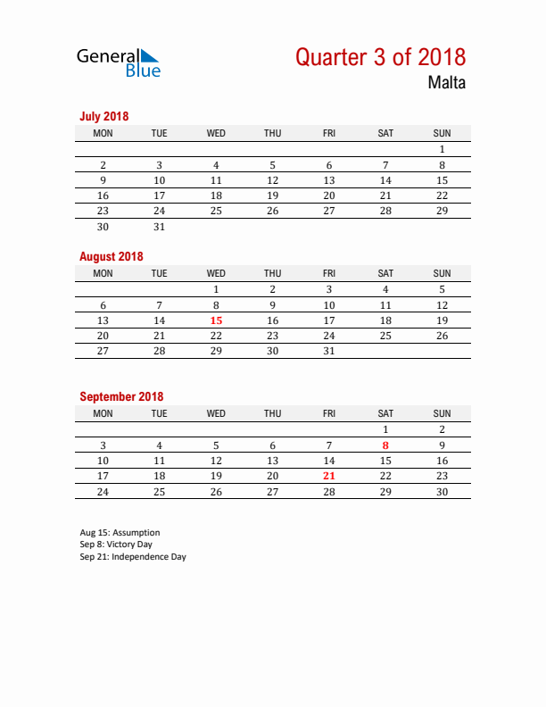 Printable Three Month Calendar with Malta Holidays