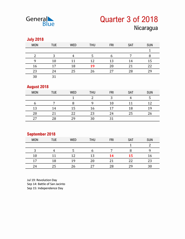 Printable Three Month Calendar with Nicaragua Holidays