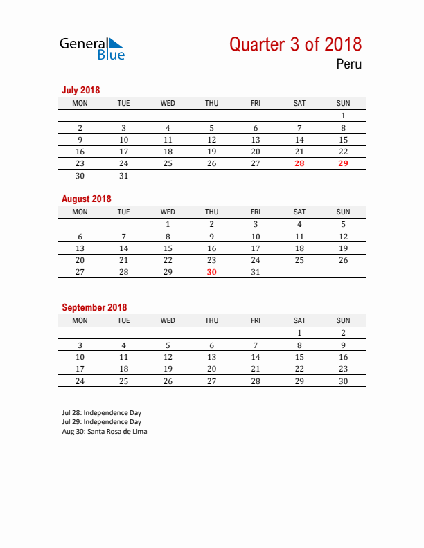 Printable Three Month Calendar with Peru Holidays