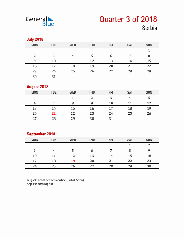 Printable Three Month Calendar with Serbia Holidays