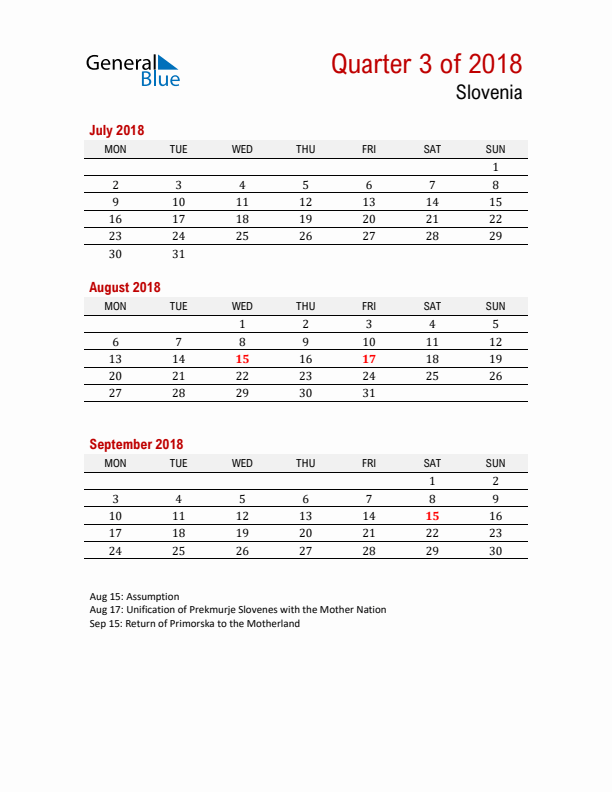 Printable Three Month Calendar with Slovenia Holidays