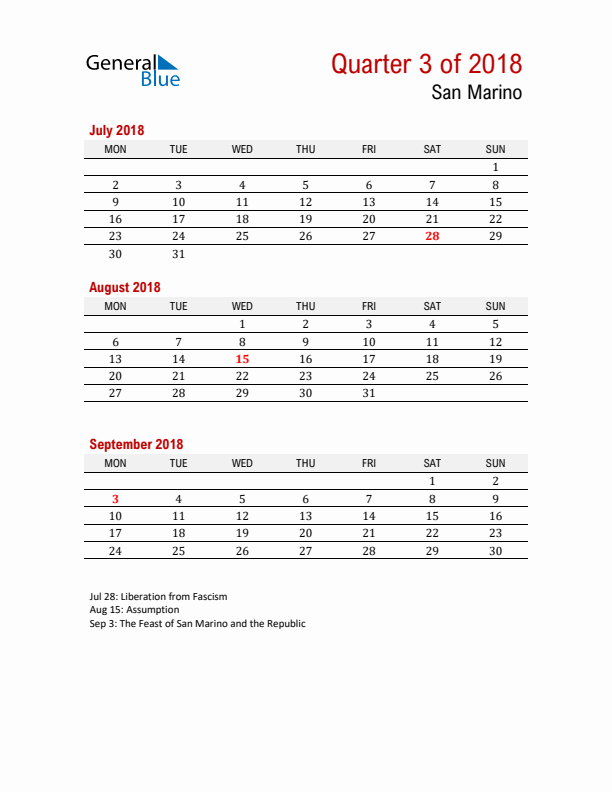 Printable Three Month Calendar with San Marino Holidays